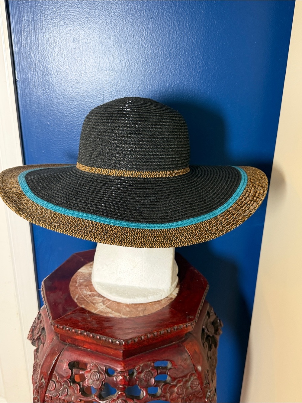Women’s Magid Woven Turquoise and Cyan Trim Paper Straw Floppy Sun Hat